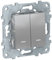 Переключатель 2-клавишный 2 модуля с подсветкой 2 х схема 6а Unica NEW Schneider Electric алюминий NU521330N