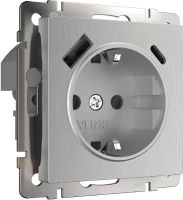 Розетка с заземлением, шторками и USB тип A+C серебряный рифленый Werkel  W1171709