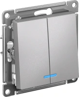 Выключатель 2-клавишный Systeme Electric AtlasDesign с подсветкой, сх.5а, 10АХ, мех., быстрозажим. клем., АЛЮМИНИЙ ATN000353S