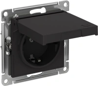 Розетка Systeme Electric AtlasDesign с заземлением со шторками с крышкой,16А,IP20, мех.,быстрозажим. клем., КАРБОН ATN001046S