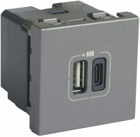 Зарядка USB type-A+C, 3,0А, 15 Вт Legrand Mosaic, DLP floor, DLP IP 44, DLP IP 40, USB type-C 5V, USB type-A 5V, двойная, цвет - алюминий