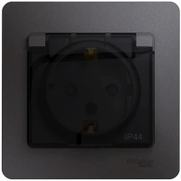 Розетка Systeme Electric Glossa с заземлением со шторками с прозрачной крышкой, 16А, IP44, в сборе, ГРАФИТ GSL001348