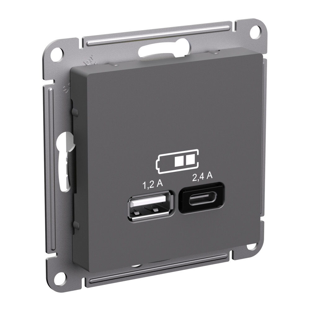 Розетка USB A+C 2-местная (2.4А и 1.2А) Systeme Electric (Schneider Electric) Atlas Design, базальт ATN001439