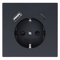 Розетка SCHUKO© с USB A+C с защитными шторками 16A 250V~ 2P+T USB 25W, цвет Черный матовый (soft touch) Jasmart FD5501USB-25PBM
