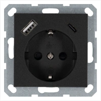 Розетка SCHUKO© с USB A+C с защитными шторками 16A 250V~ 2P+T USB 25W, цвет Антрацит Jasmart G5501USB-25B