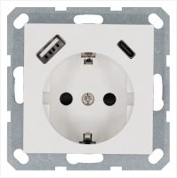 Розетка SCHUKO© с USB A+C с защитными шторками 16A 250V~ 2P+T USB 25W, цвет белый глянцевый Jasmart G5501USB-25W