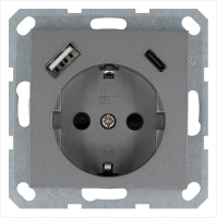 Розетка SCHUKO© с USB A+C с защитными шторками 16A 250V~ 2P+T USB 25W, цвет Алюминий Jasmart G5501USB-25S