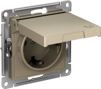 Розетка Systeme Electric AtlasDesign с заземлением со шторками с крышкой,16А,IP20, мех.,быстрозажим. клем., ШАМПАНЬ ATN000546S