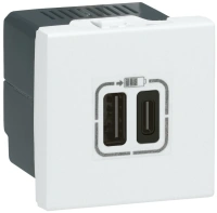 Зарядка USB type-A+C, 3,0А, 15 Вт Legrand Mosaic, DLP floor, DLP IP 44, DLP IP 40, USB type-C 5V, USB type-A 5V, двойная, цвет - белый