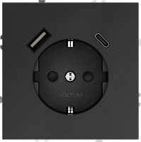 Розетка с заземлением с защитными шторками 16А, с USB, A+С Voltum S70 графит Soft touch пластик (VLS040507)