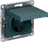 Розетка Systeme Electric AtlasDesign с заземлением со шторками с крышкой,16А,IP20, мех.,быстрозажим. клем., ИЗУМРУД ATN000846S