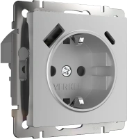 Розетка с заземлением, шторками и USB тип A+C серебряный Werkel  W1171706