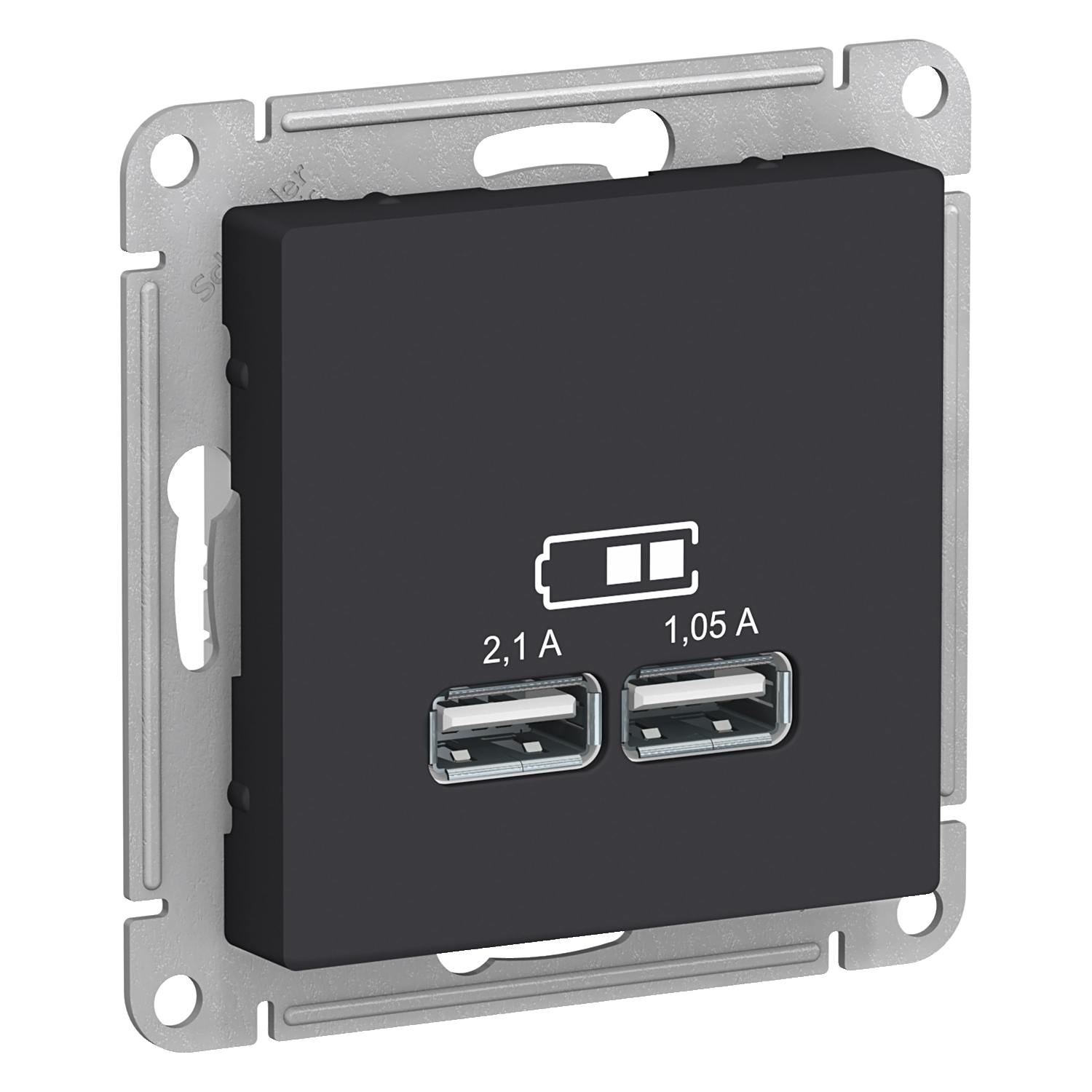 Розетка USB SCHNEIDER Electric ATLASDESIGN, 5В/2,1 А, 2х5В/1,05 А, механизм, Карбон, ATN001033