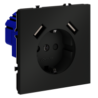 Розетка с заземлением с защитными шторками Voltum S70 пластик черный Soft touch 16А, с USB, A+A (VLS040408)