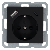 Розетка SCHUKO© с USB A+C с защитными шторками 16A 250V~ 2P+T USB 25W, цвет черный матовый (soft touch) Jasmart G5501USB-25PB