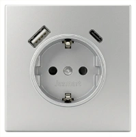 Розетка SCHUKO© с USB A+C с защитными шторками 16A 250V~ 2P+T USB 25W, цвет алюминий Jasmart FD5501USB-25PAL