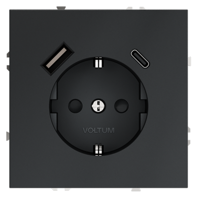 Розетка с заземлением и защитными шторками, Voltum S70, с USB, A+С, графит VLS040507