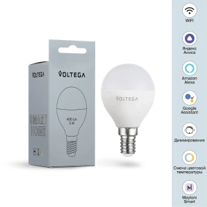 Светодиодная диммируемая лампа Wi-Fi Voltega E14 5W 2700K-6500K MIX DIM VG 2428 шар матовый