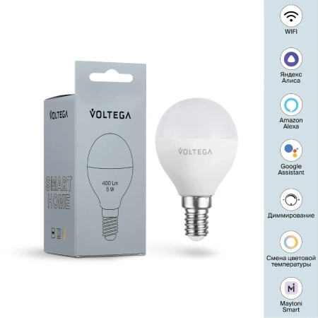 Светодиодная диммируемая лампа Wi-Fi Voltega E14 5W 2700K-6500K MIX DIM VG 2428 шар матовый