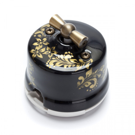 2-х позиционный выключатель для наружного монтажа, чёрный с золотым цветочным арнаментом Salvador OP11BL.GD
