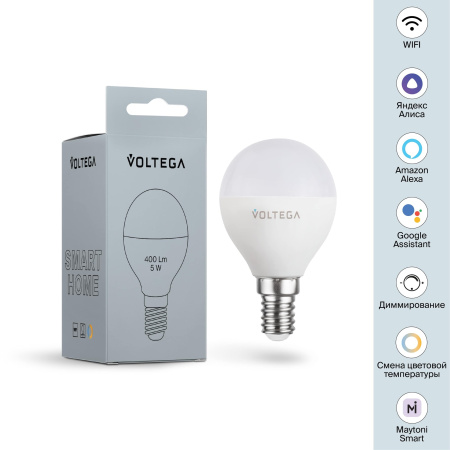 Светодиодная диммируемая лампа Wi-Fi Voltega E14 5W 2700K-6500K MIX DIM VG 2428 шар матовый