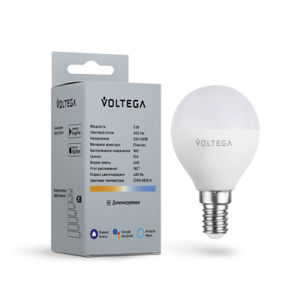 Светодиодная диммируемая лампа Wi-Fi Voltega E14 5W 2700K-6500K MIX DIM VG 2428 шар матовый